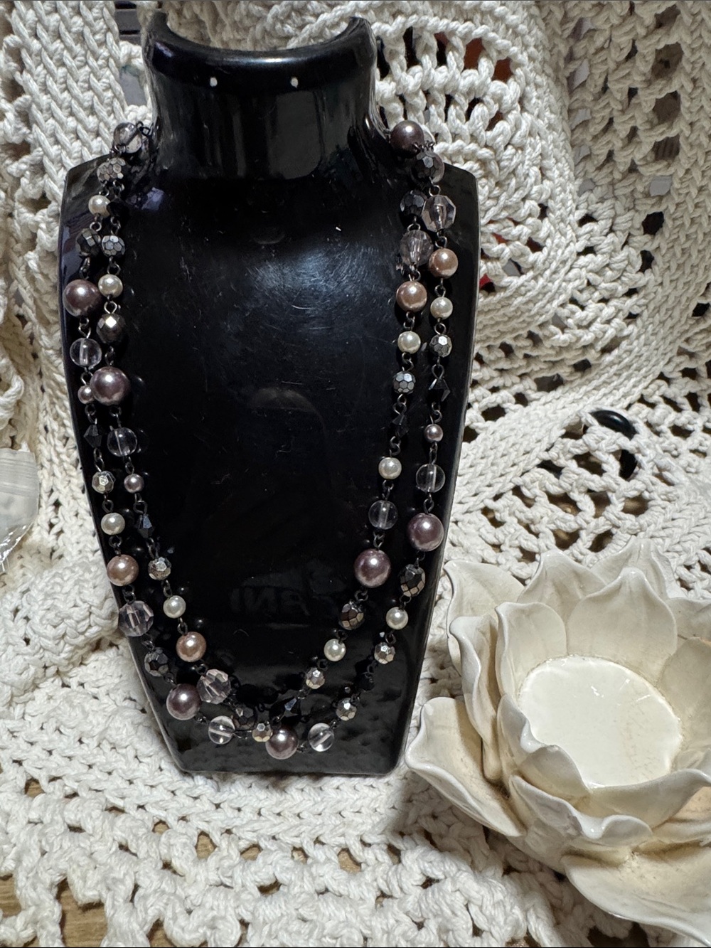 Elegant Double-Strand Pearl and Crystal Necklace - Black and Pearly Pink